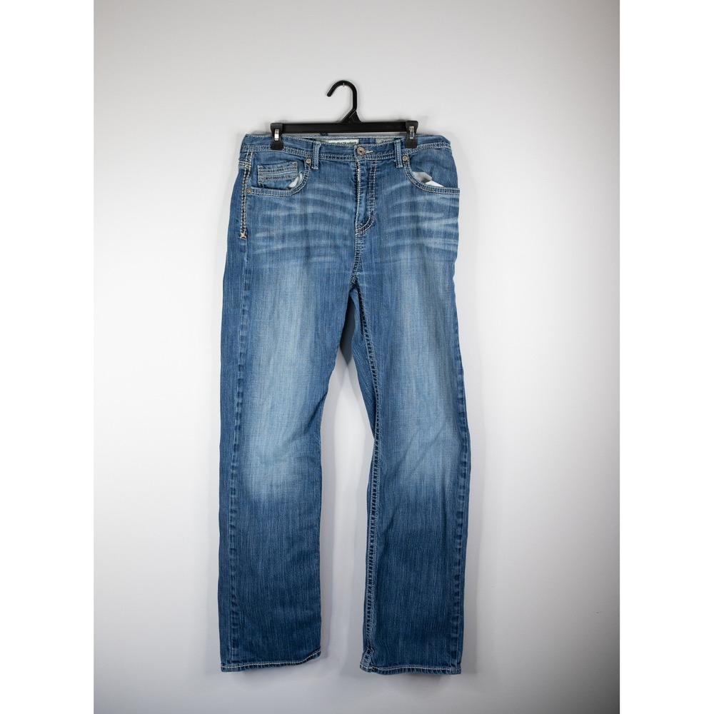 BKE Tyler Straight Jeans Mens 34L Blue Good Stretch Contrast Stitch Denim